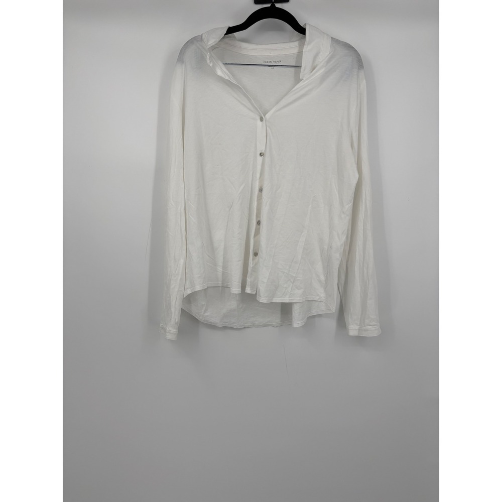 EILEEN FISHER White Organic Cotton Button Front Long Sleeve Shirt Top L G - Picture 2 of 6